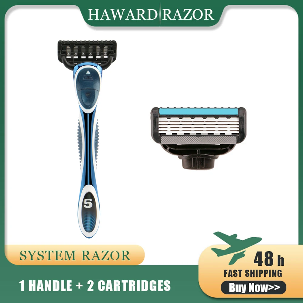 

Men's Shaving Razor Metal Handle Epilator Five Blade System With Trimmer (1 Handle + 2 Replacement Cartridges) For Hair Removal
