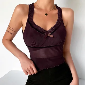 

Women Tank Top V-neck Solid Bow Mesh Perspective Sleeveless Short Tops Cute Bowknot Korean Clothes Fitness Women Tanks Clothing