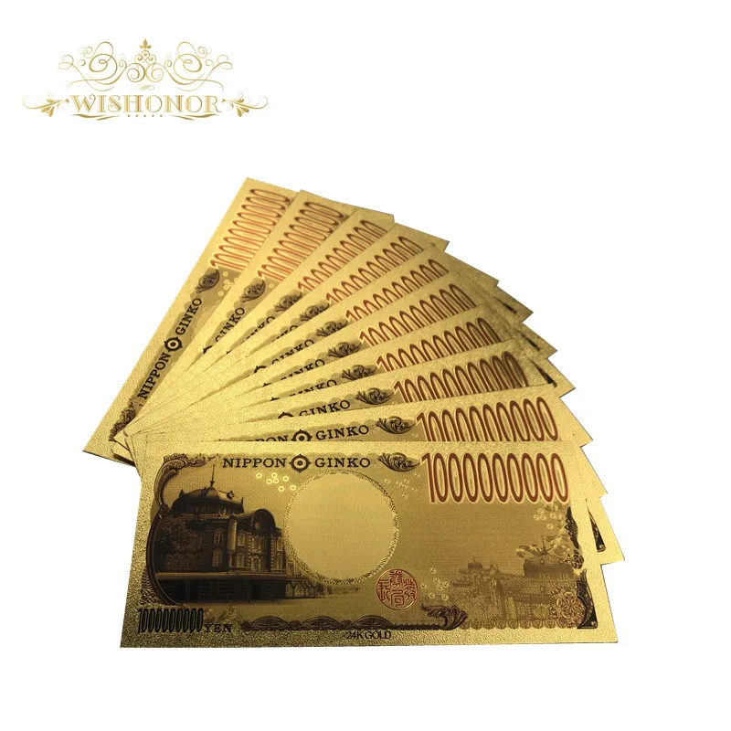 10Pcs/lot Lucky 888 Color Japan Banknote 1 Billion Yen Banknotes in 99.9% Gold Plated Fake Paper Money For Collection