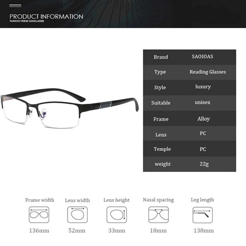 SAOIOAS очки для чтения, мужские и женские, высокое качество, полуоправа, диоптрийные очки, мужские очки для дальнозоркости+ 1,0+ 1,5+ 2,0+ 2,5+ 3,0+ 3,5