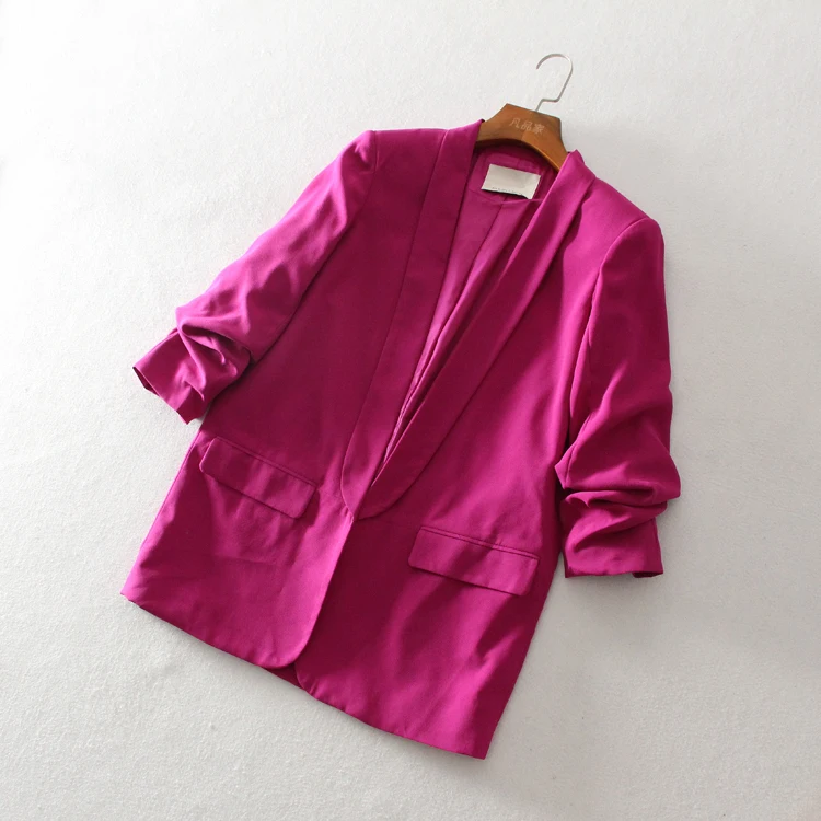 Long Blazer Women Solid Shawl Collar Pockets Office Blazers Female Outwear Tops Roll sleeve Women's Jacket And Blazer Coat