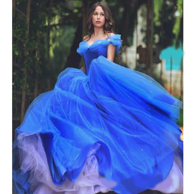 OLOMLB 2022 Cinderella Quinceanera Dresses Blue Off The Shoulder Ball Gown Puffy Tulle Prom Gowns Lace-Up