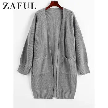 

ZAFUL Longline Open Front Pockets Slit Cardigan Full Sleeve Solid Collarless Elastic Cardigan Drop Shoulder Long Women Sweaters