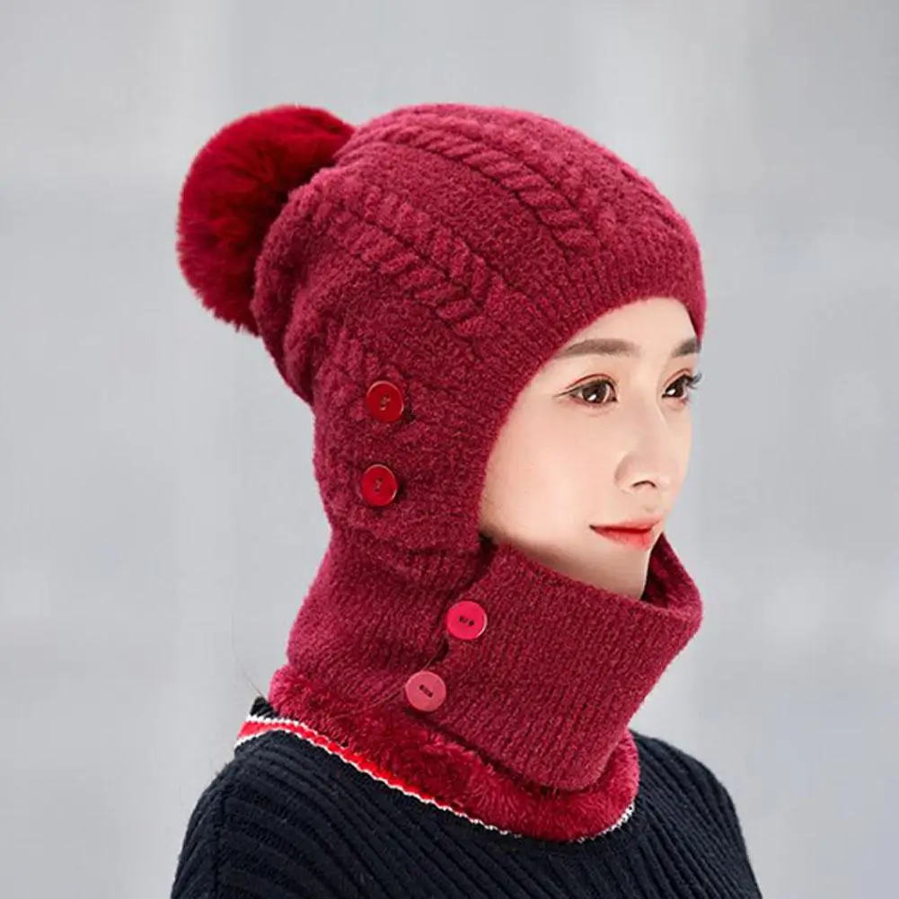 MISSKY Lady Warm One-piece Women Hat-Mask-Scarf Winter Thicken Knitting Wool Ball Riding Outdoor Beanies For Female - Цвет: wine red
