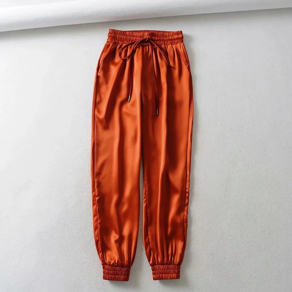 Зеленые розовые атласные штаны для женщин, женские шаровары на шнурке, брюки корейские свободные повседневные бриджи для бега, спортивные Капри - Цвет: Orange