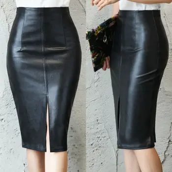 

Newly Women High Waist Pencil Skirt Fashion Ladies Bodycon Seamless Stretch Tight Skirts Solid OL Office Midi Skirts PU Leather