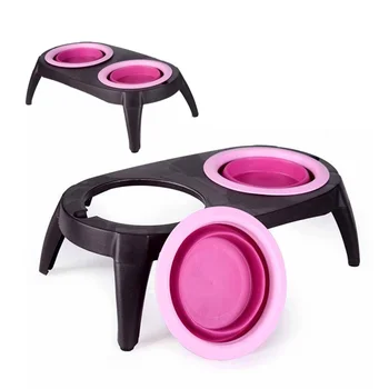 

Collapsing Pet Dog Double Bowls Food Water Feeder Feeding Bowl Food Container (Pink)
