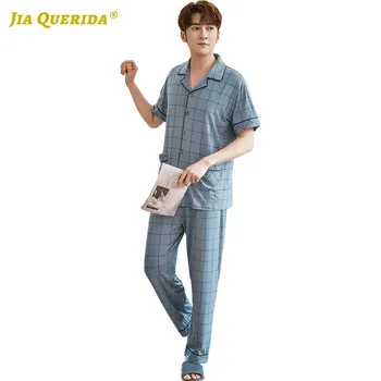 

Fashion Style Summer Pajamas Set Short Sleeve Long Pants Turn Down Collar Plaid Printing Men Clothes Summer Blue Soft Casual