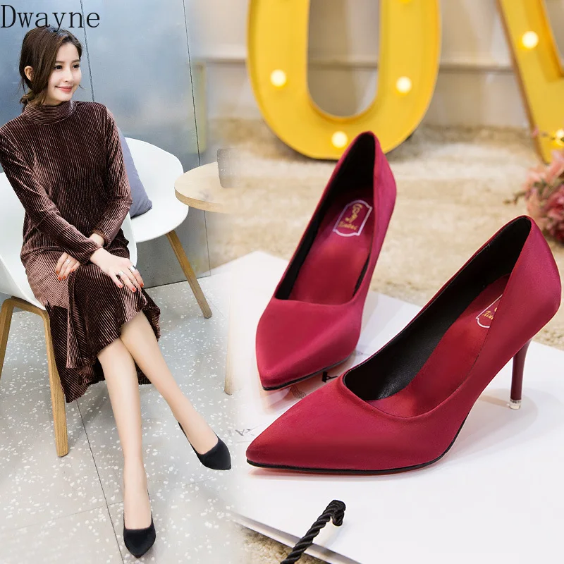 

Temperament Women's Shoes 2019 Autumn New Wild Shallow Mouth Pointed Single Shoes Sexy Stiletto Satin High Heels Elegant Pumps