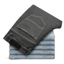 Зимние новые мужские теплые серые джинсы Высокая эластичность плотные обтягивающие плюс бархатные джинсовые мужские штаны брендовая одежда