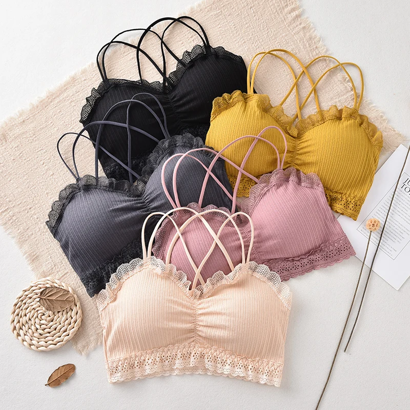 Women Lace Tube Top Padded Bras Wireless Crop Top Women Cotton Underwear Cross Strap Wrap Top Bras