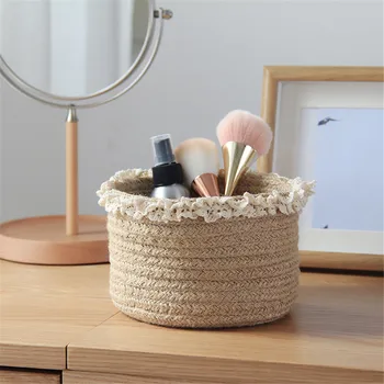 

Simple Cosmetic Storage Basket Dormitory Bedside Sundries Basket Jute Woven Desktop Organizer Frame Vogue Lace Rim Box