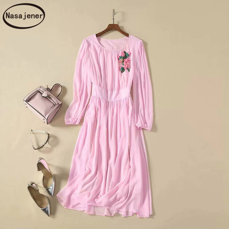 

Spring And Summer 2020 New Sweet Temperament Handmade Custom Flowers High-Waist Lantern Sleeves Collect Waist Female Tide Dress