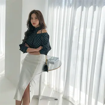 

HziriP 2020 Large Size Vintage Chiffon Polka Dots Off Shoulder Shirts+ Hot Solid Sexy Split Bodycon Skirts Suits 2 Piece Sets