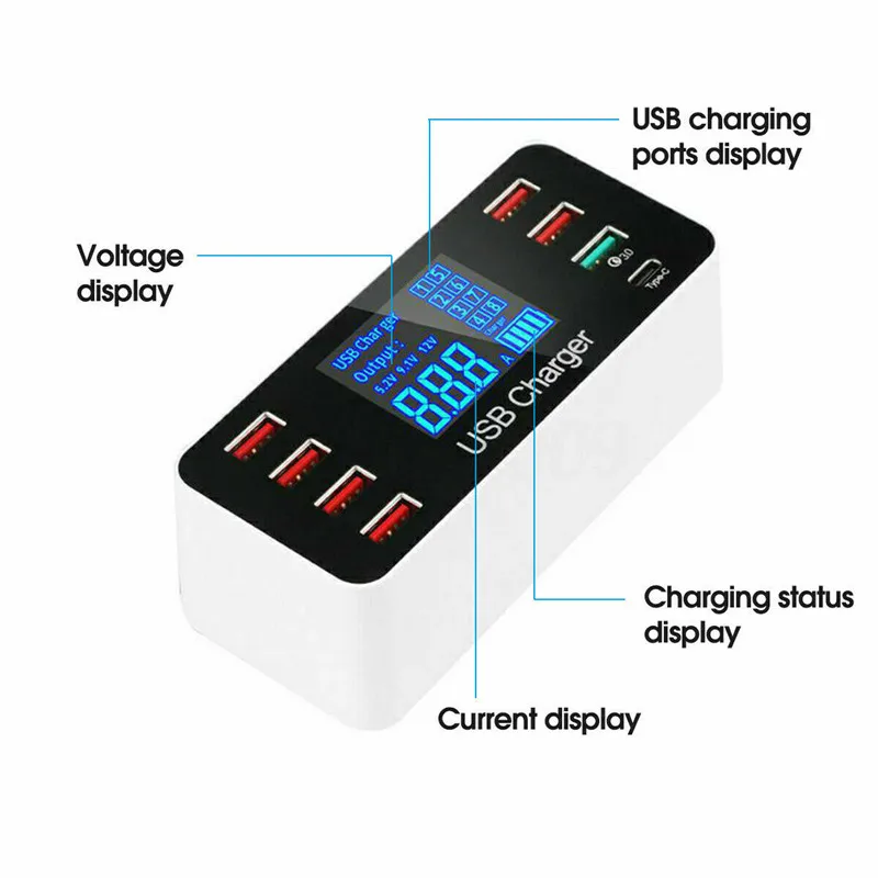 8 мульти-порт USB настенное зарядное устройство быстрый ЖК светодиодный дисплей адаптер настольная док-станция