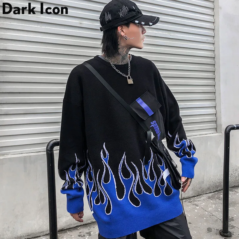 Темный значок пламени свитер мужской 2019 осень зима Harajuku трикотажный пуловер хип