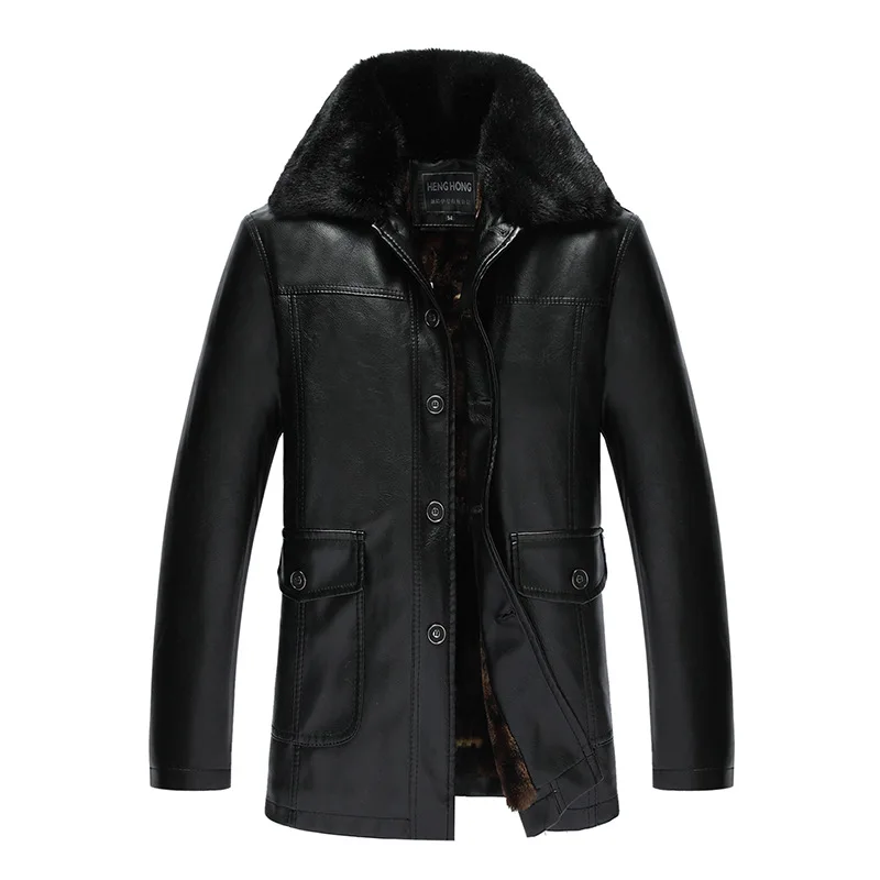 

Autumn And Winter Casual Middle-aged plus Velvet Fold-down Collar Mid-length Leather Coat Men PU Leather Thick Coat Jacket