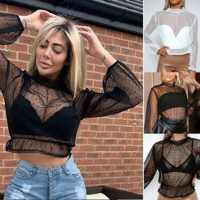 Сетчатые Bluse Sommer кроп Топы женские топы рубашки в горошек Клубные вечерние блузки, рубашки, топы Плюс Размер