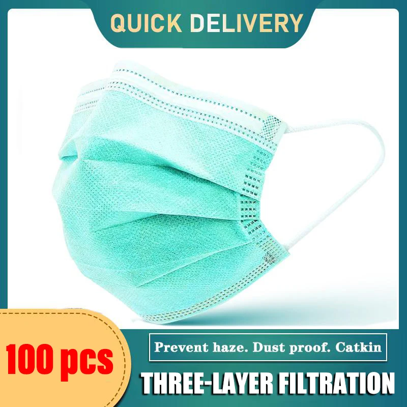 10-100pcs-Disposable-Mask-3-Layers-Earloops-Masks-Breathing-Face-Mouth-Masks-Non-woven-Green-Adult