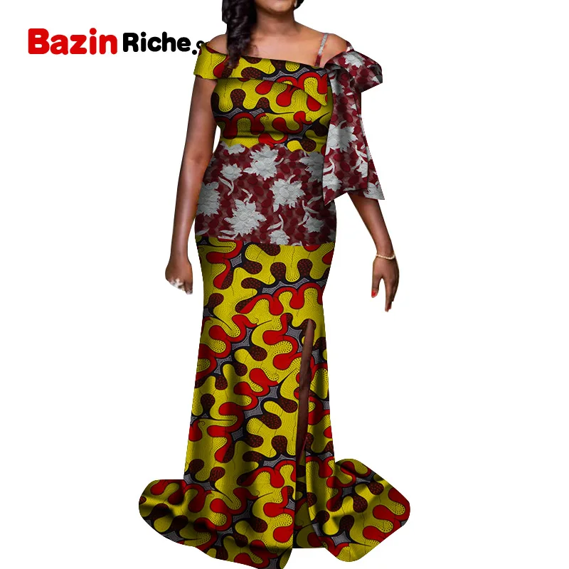 Африканский принт длинное платье с русалочкой для Для женщин Bazin rich в стиле пэчворк с открытыми плечами кружевные платья африканский дизайн Костюмы WY5354 - Цвет: 16