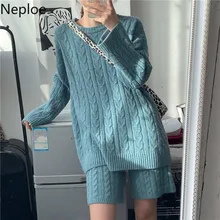 Neploe, новинка года, пуловер вязаные комплекты корейский свитер средней длины пальто+ высокие шорты корейский модный однотонный комплект из 2 предметов, 56127