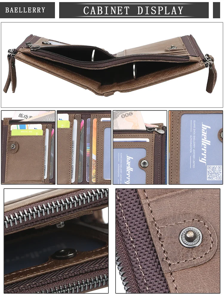 Baellerry Men Wallets Genuine Cow Leather Double Zipper Card Holder High Quality Male Purse Vintage Coin Holder Men Wallets