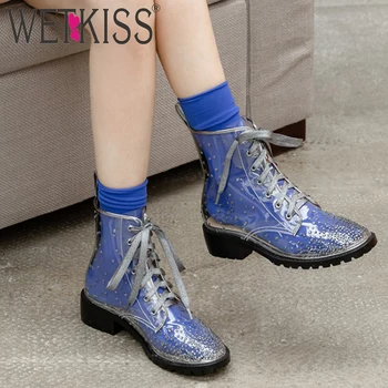 

Women Rain Boots Transparent PVC Ankle booties Rhinestone Ladies Lace Up Fashion Sandals 2020 Summer Crystal Shoes