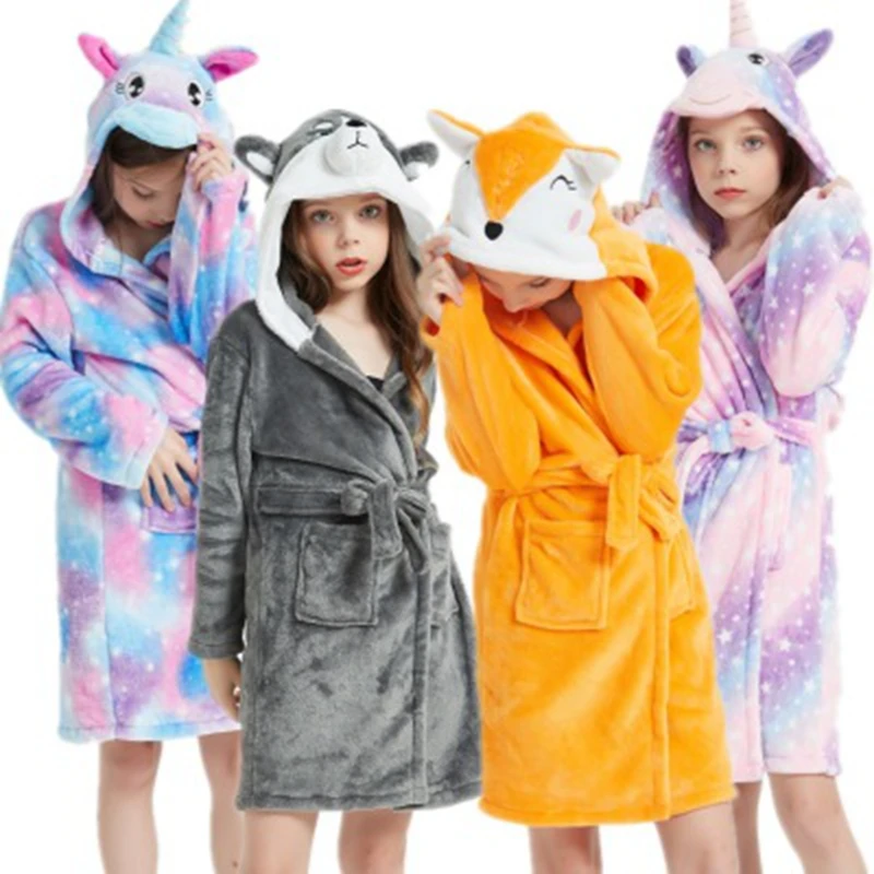 Winter Autumn Children's Flannel Baby Bathrobe Long Sleeve Hooded Kids Sleepwear Boys Girls Nightgowns Unicorn Sleep Robe 3-11Y