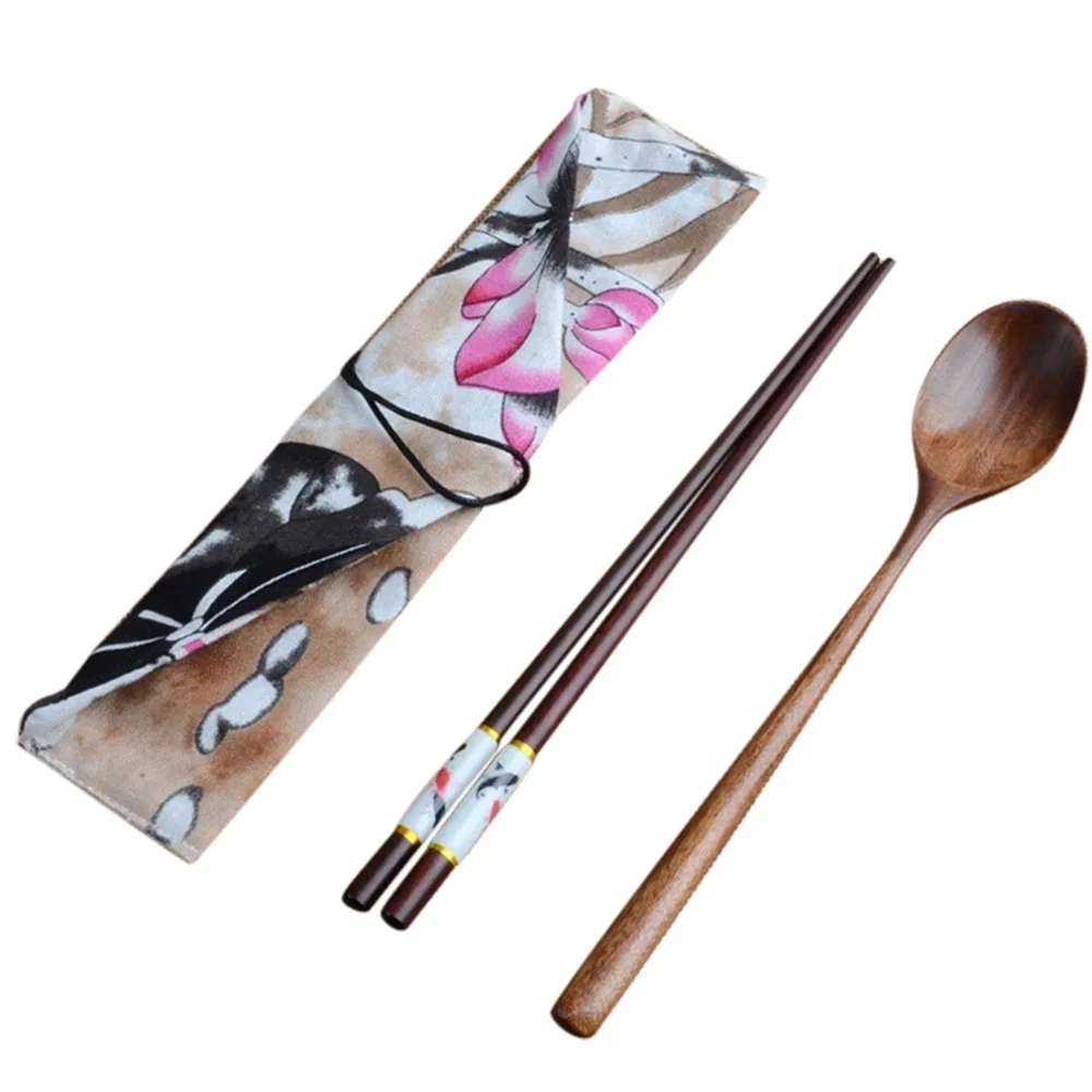 Портативная посуда деревянные столовые приборы Наборы с полезные палочки для еды Ложка Столовые приборы для путешествий костюм с тканевой сумкой японские палочки для еды