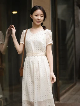 

Fans +3% Discount CYNTHIA Women Chiffon Dresses Female Summer Vintage Dot Slim-fit Stringry Selvedge Short-sleeved Dresses