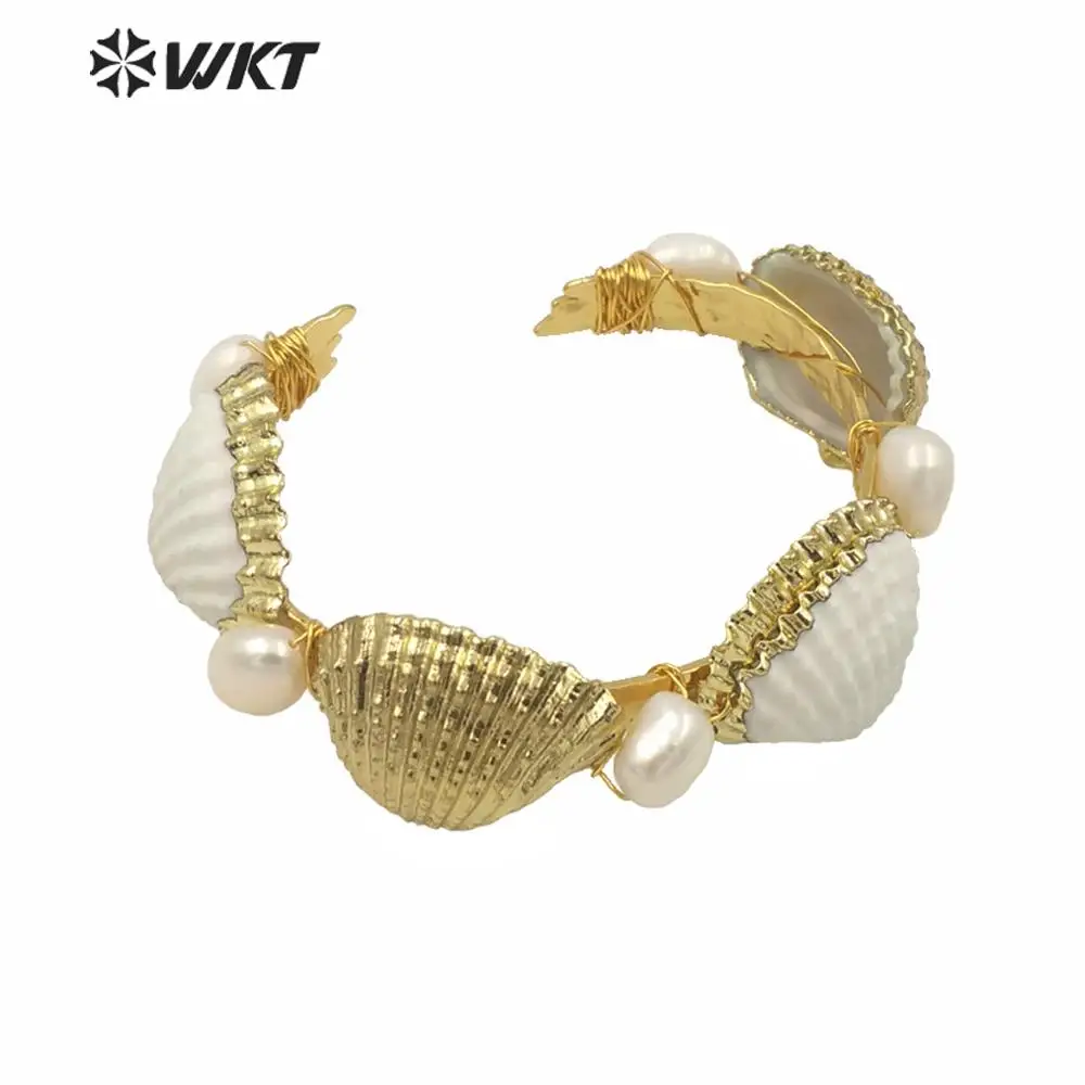 

WT-MPB025 WKT Newest Gold Electroplated Natural Scallop Cuff Bangle Amazing Hand Make Wire Wrapped Shell Decoration