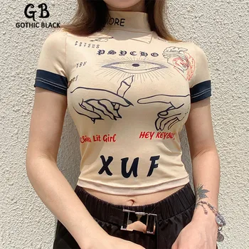 

Gothblack Street Slim Patchwork Crop Tops Gothic Women High Neck Short Sleeve Hip Hop Print Bodycon T-shirt 2020 Summer New Top