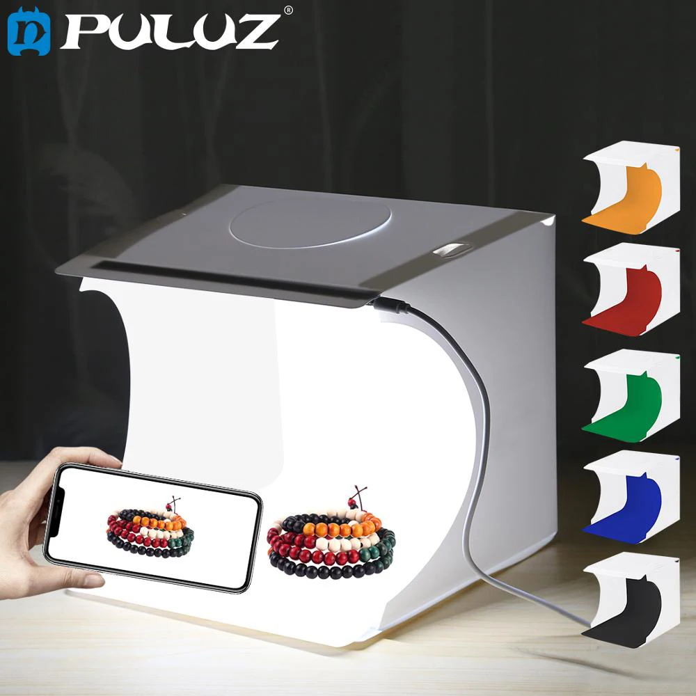 Baratos Puluz 20*20 cm 8 Mini Estudio plegable suave caja de luz con luz LED negro blanco fotografía Fondos kits de estudio de fotografía caja