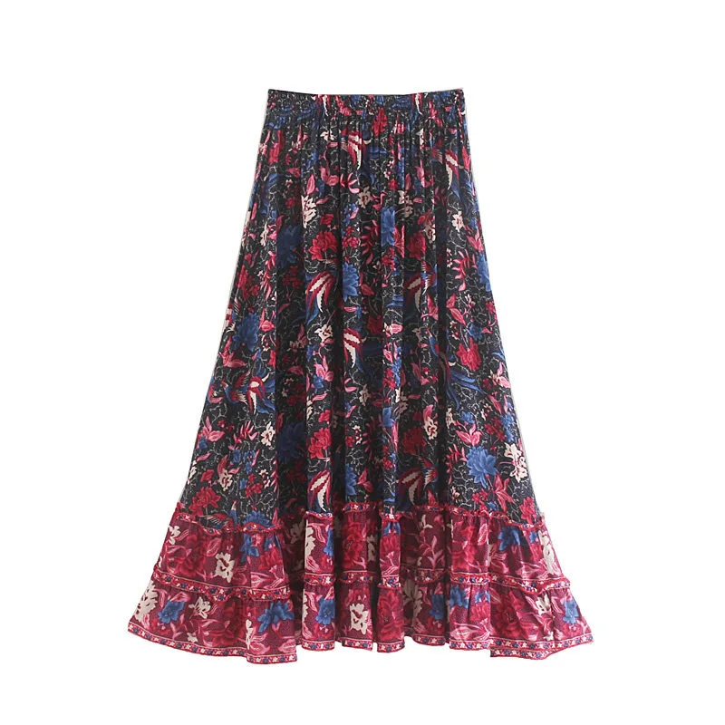 

Australia Non-mainstream Design Retro Holiday Casual Positioning Printed High-waisted Elastic Lace-up Long Skirts Summer Skirt