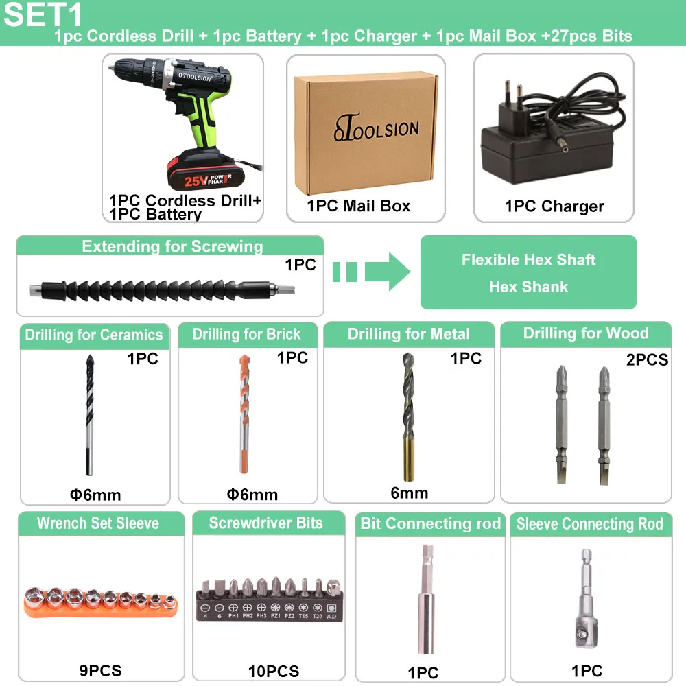 SET1 (1 pc battery) Новая ударная отвертка 25 В аккумуляторная отвертка Электроинструмент набор ударная электрическая дрель шуруповерт дрель электрическая отвертка - Цвет: SET1 (1 pc battery)