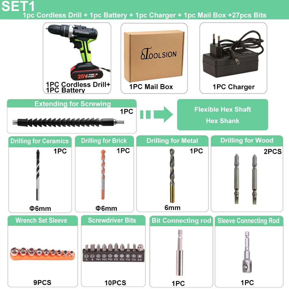 Новая ударная отвертка 25 В аккумуляторная отвертка Электроинструмент набор ударная электрическая дрель шуруповерт дрель электрическая отвертка - Цвет: SET1 (1 pc battery)