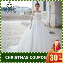 Swanskirt, элегантное бальное платье с аппликацией, свадебное платье,, вырез лодочкой, длинный рукав, кристалл, принцесса, свадебное платье, халат de mariee K148