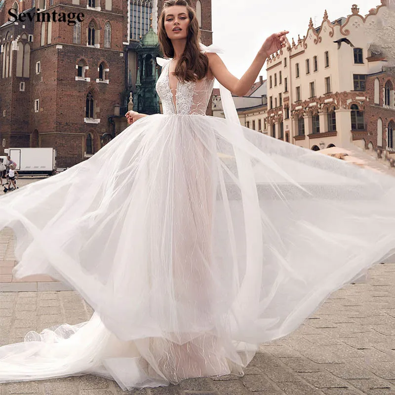 

Sevintage Glitter Tulle Boho Wedding Dresses Appliques Lace Watteau Train Backless Bride Gowns Plus Size Beach Bridal Dress