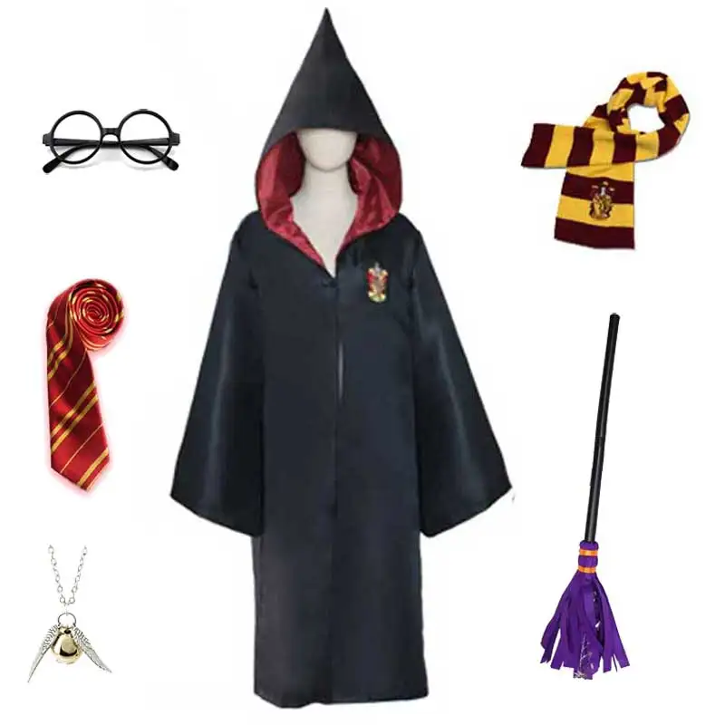 Adult Kids Witch Costume Magic School Robe Broom Scarf Tie Party Cosplay Fancy Wizard Cloak Cape Clothes Halloween |