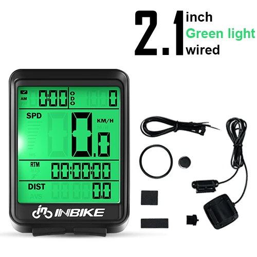 Green Light-wired INBIKE, 2,1 дюймов, велосипедный компьютер, светодиодный, с подсветкой, велосипедный, беспроводной и проводной секундомер, MTB, велосипедный одометр, спидометр, многофункциональный - Цвет: Green Light-wired