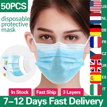 

50pcs Disposable Face Mouth Masks 3-layer Non Woven Anti Spittle Meltblown Cloth Breathable Earloops Masks