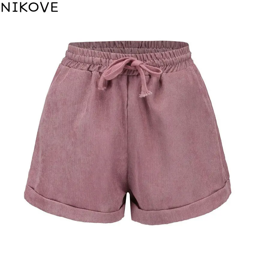 NIKOVE/2019 вельветовые Короткие штаны модные широкие шорты с манжетами удобные летние женские шорты со шнуровкой Размер s-xl