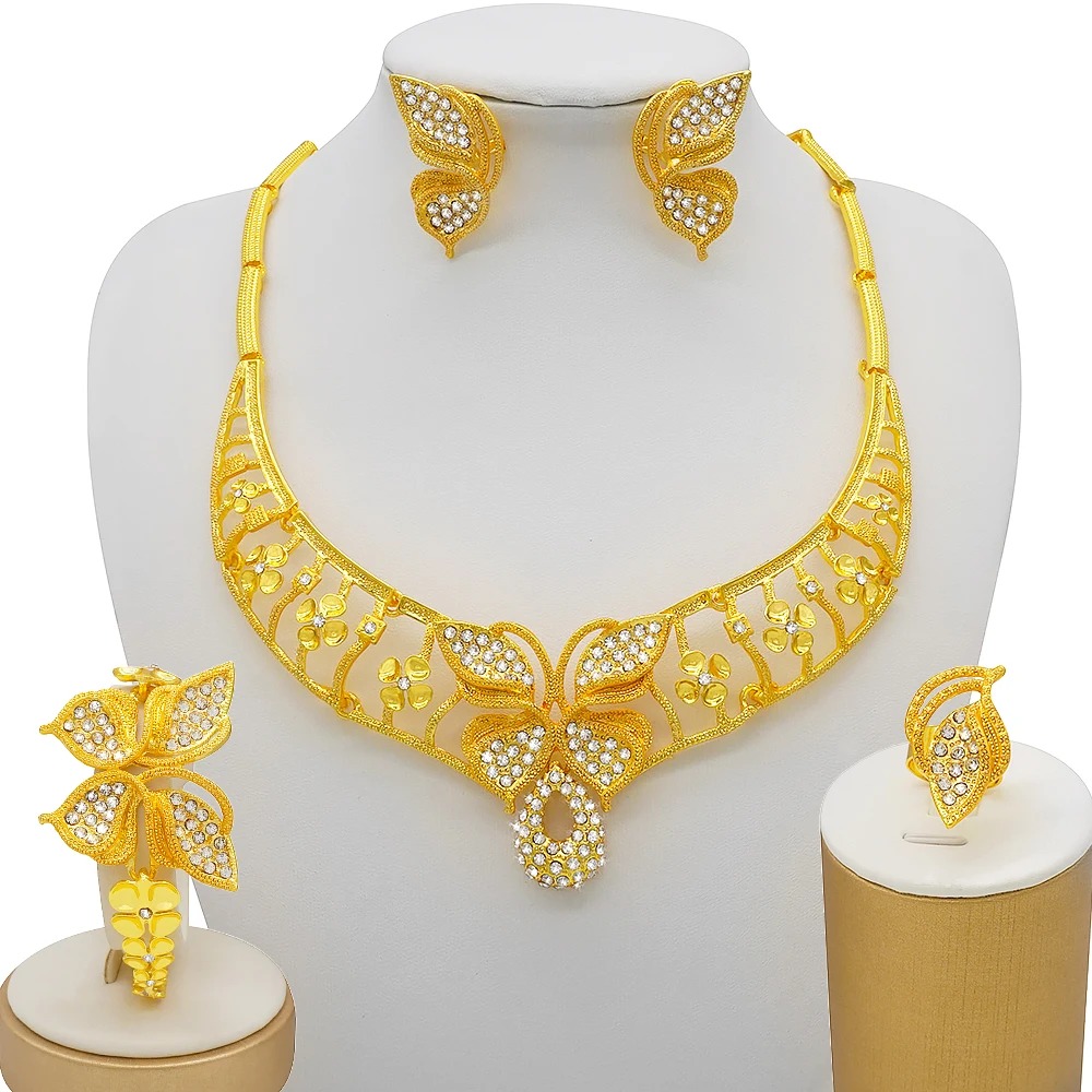 

Gold Color Jewelry Set Pretty Women Wedding Jewelry Lucky Clover Necklace Earrings Bracelet Ring Dubai Ladies Jewellery Party