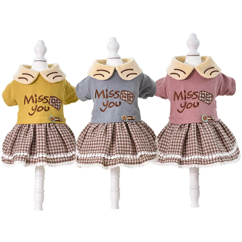 

Princess Pet Dog Clothes Dress For Small Dogs Dresses Coat Autumn Winter Puppy Cat Letter Embroidery Plaid Skirt Chihuahua EU839