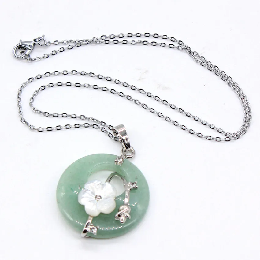 

100-Unique 1 Pcs Silver Plated Round Hollow Flower of Life Leaf Pendant Natural Green Aventurine Necklace
