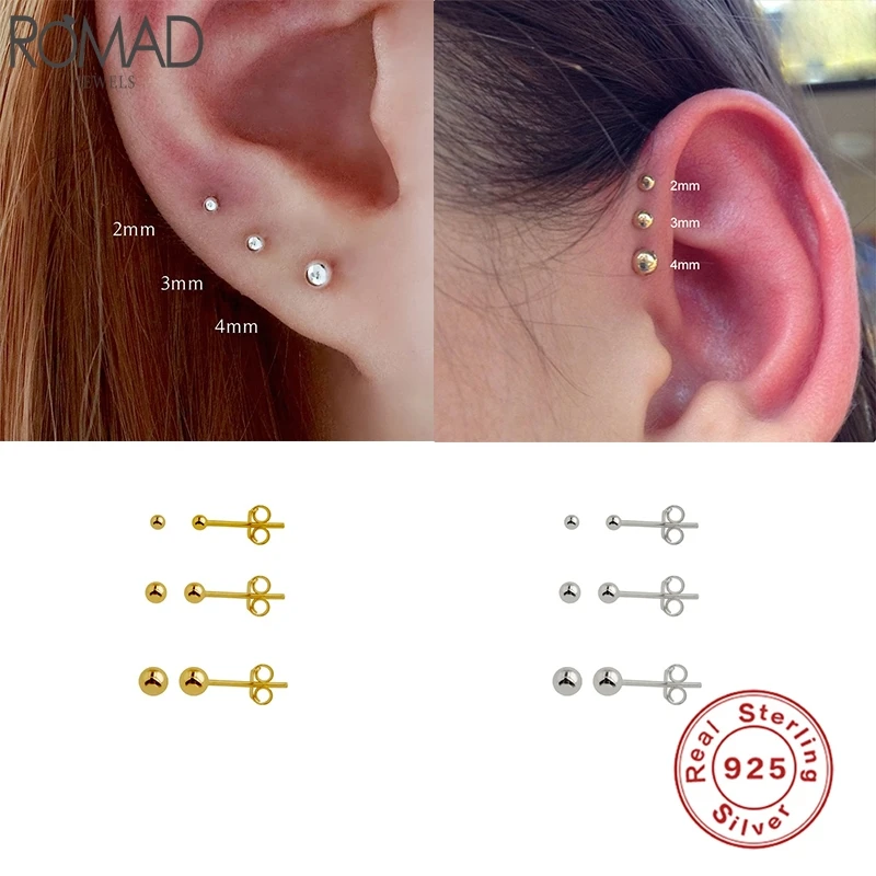 Romad-Pendientes tipo botón de plata fina para mujer, Aretes de bola pequeña, estilo coreano, W4, 925