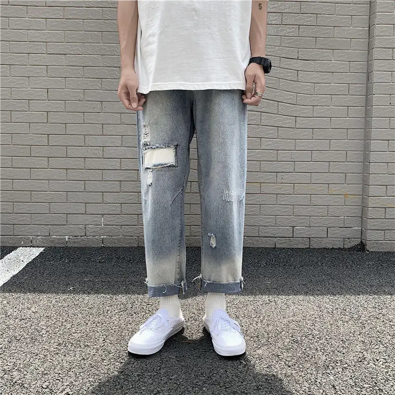 

Summer Thin Straight Jeans Men's Fashion Washed Retro Ripped Patch Jeans Men Streetwear Loose Hip Hop Hole Denim Pants S-3XL