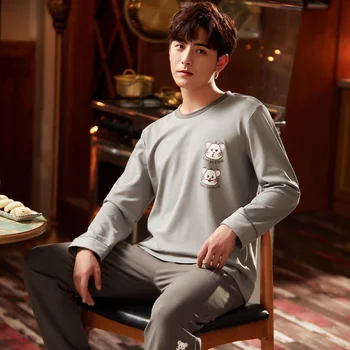 

MELIFLE Autumn Cotton Men's Sleepwear Long Sleeve Loose Cartoon Print Male Pajamas Set Winter Warm O-Neck Leisure Silk Nightwear