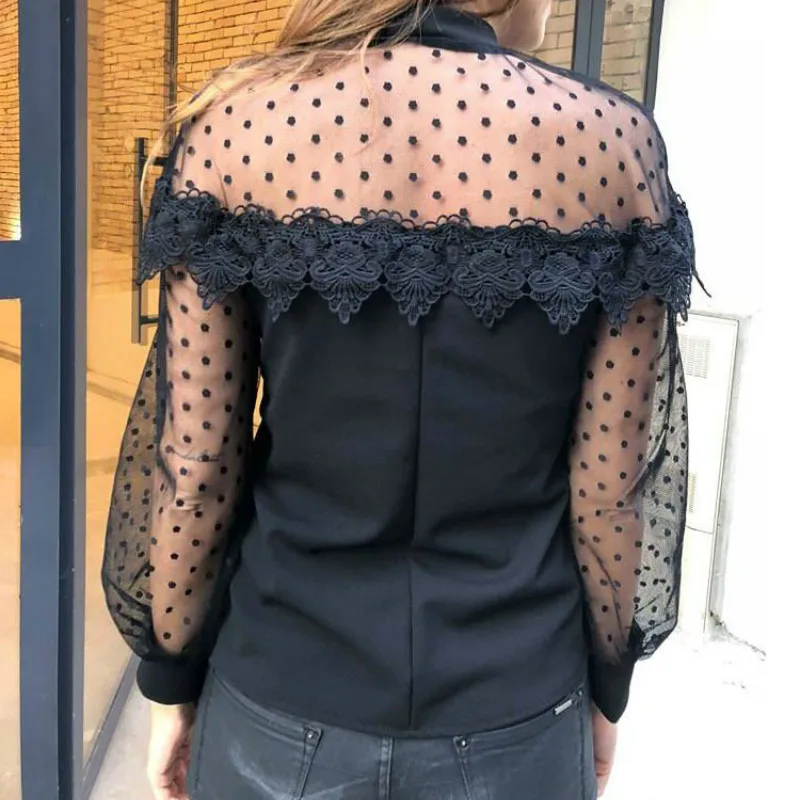 Сексуальная Черная кружевная сетчатая Лоскутная Водолазка с длинным рукавом, женская блузка, Женские топы и блузки, сексуальные топы