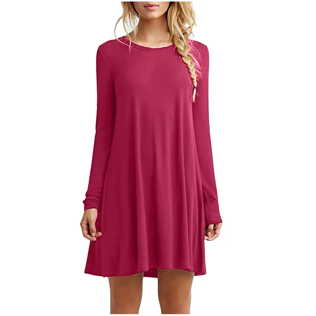 Simple Style Shirt dress Women Casual Loose Solid Long Sleeve Round Neck Sundress Fashion Ladies Ruffle Short Mini Dress vestido | Женская